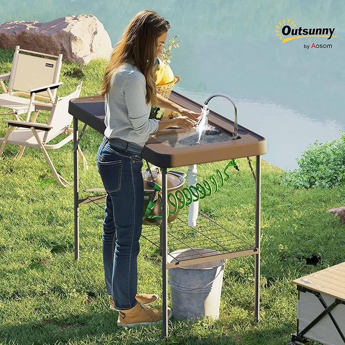 Outsunny Folding Fish Cleaning Table Portable Camping Sink Station with Faucet Drainage Hose Sprayer Grid Rack and Knife Groove Outdoor Fillet Table for Picnic Beach Patio Tan