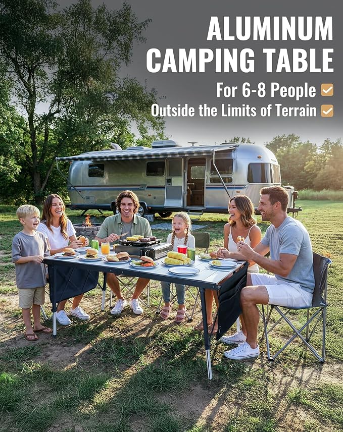 KingCamp Folding Camping Table Foldable 55.1 x27.6 Aluminum Roll Up Table with Adjustable Height 6-7 Person Large Camp Tables Outdoor with Carrying Bag for BBQ Patio Picnic Loads 265 Lbs