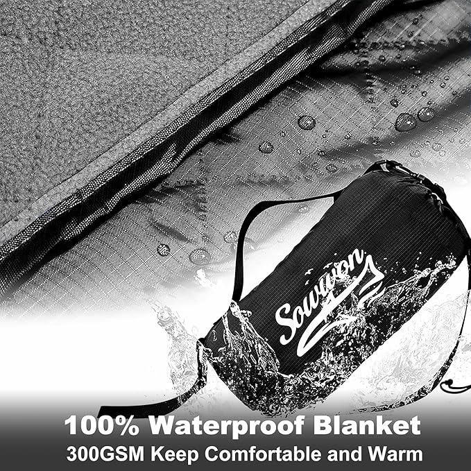 Waterproof Outdoor Blanket 92”X 60” Packable Stadium Blankets for Camping with Quilted Fleece Lining Large Windproof Emergency Throw Mat for Garss Picnic Hiking Road Trip Machine Washable Black