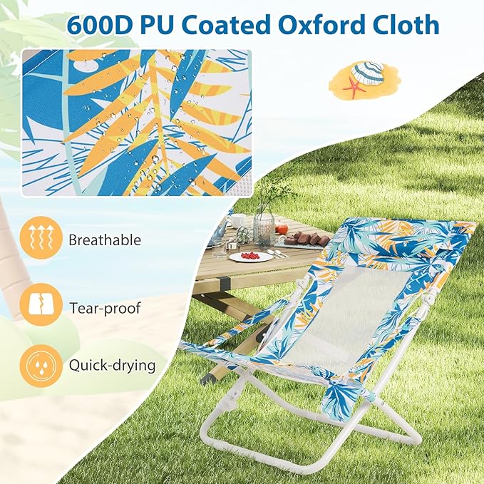Giantex 2-Pack Folding Beach Chair Low Lawn Chairs with Padded Head Pillow Mesh Back Cup Holder and Armrests Portable Outdoor Lounge Chair for Camping Sunbathing Picnic Fishing