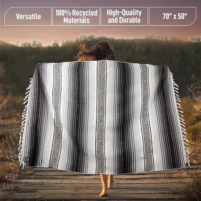 Hydration Nation Authentic Extra Large Mexican Blanket (70x50) - Handwoven Yoga Serape- Artisanal Falsa Beach Camping Picnic Outdoor(Gray)