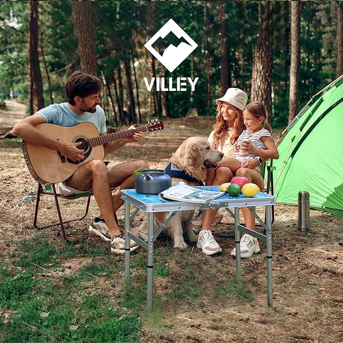 VILLEY Folding Camping Table 2FT Portable Small Picnic Table with Adjustable Height Lightweight Aluminum Foldable Table Small Folding Table with Carry Handle for Outdoor Indoor BBQ Hiking Beach