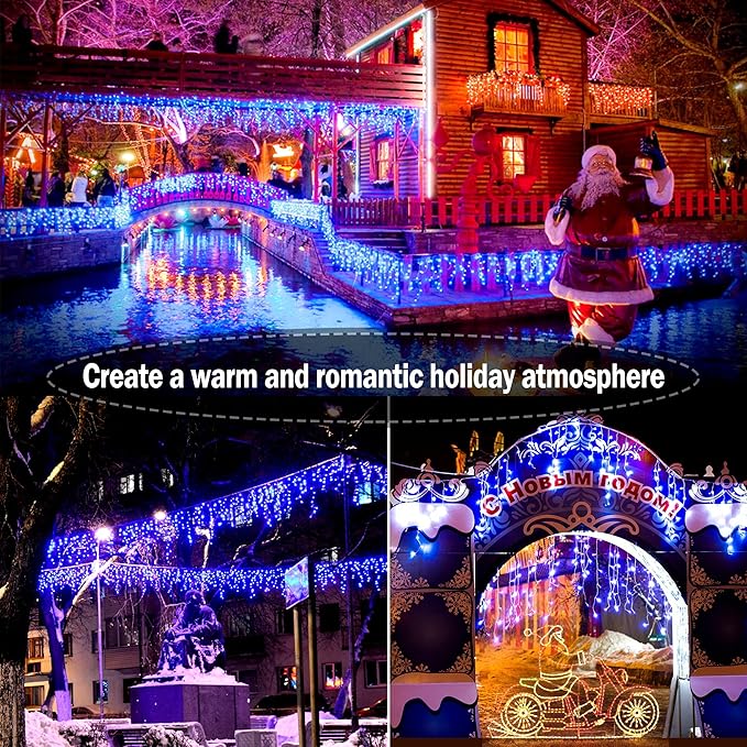 KNONEW Christmas Lights Outdoor Decorations 400 LED 33ft 8 Modes Curtain String Light with 75 Drops Clear Wire LED Fairy Light Indoor Decor for Wedding Party Christmas Decorations(Blue)