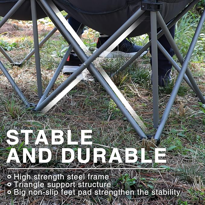 EVER ADVANCED Double Camping Chair for Adults Padded Folding Camping Love Seat Bench with Side Pocket Portable Camping Couch Two Person Heavy Duty Folding Outdoor Chair with CushionSupport 600lbs