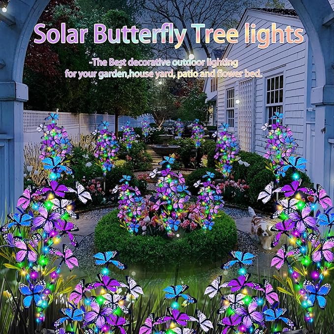 Solar Garden Lights Outdoor Waterproof 2 Pack Solar Butterfly Lights with 60 LED 12 Butterfly Colorful Lighting for Garden Yard Lawn Outdoor Decor Gift for Mom Women Mother's Day