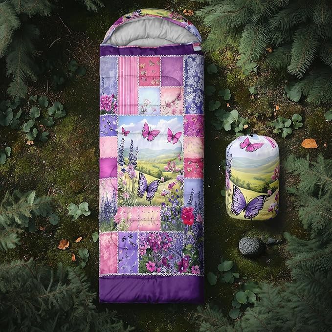 AILONEN Pink Flamingo Sleeping Bag for Kids GirlsWarm and Cool WeatherLightweightWaterproof BackpackingTropical Flamingo Theme Palm Leaves Sleeping Bag for Camping