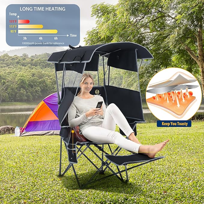 Nice C Chair with Canopy Heated Camping Chair with Battery Outdoor Sports Chairs with Shade Heated Folding Umbrella Lawn Chairs with Removable Footrest (2-Pack)