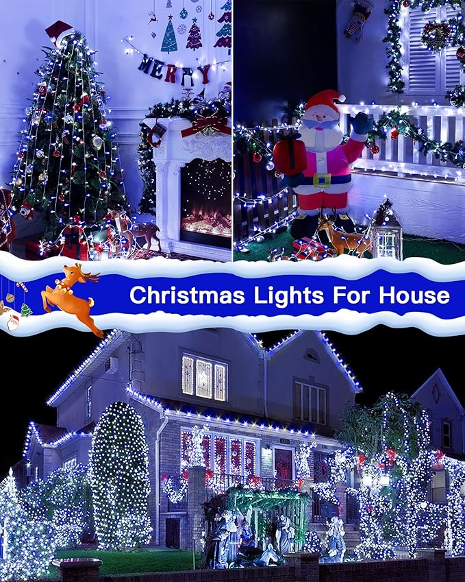 Christmas Lights Outdoor Waterproof 196FT 600LED String Lights with Remote8 Modes LED Lights Plug in Twinkle Fairy Light for Party Holiday Decor (Blue+White)