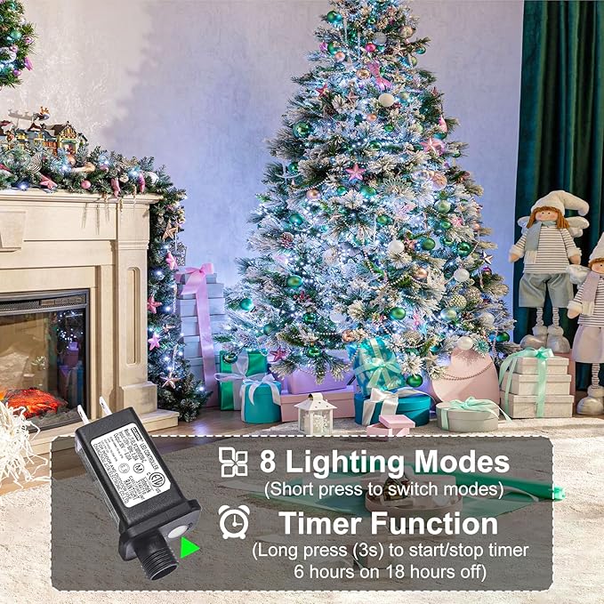 328FT 1000 LED Christmas Lights Plug in White Christmas Tree Lights Outdoor with Timer and 8 Modes Green Wire Waterproof String Lights for Indoor Yard Patio Xmas Holiday Decorations