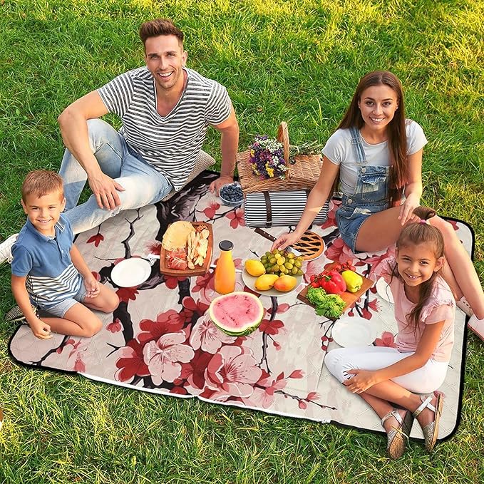 Zipper Japanese Floral Cherry Blossom Style Picnic Mat Suitable for Travel Camping Park Or Home Use