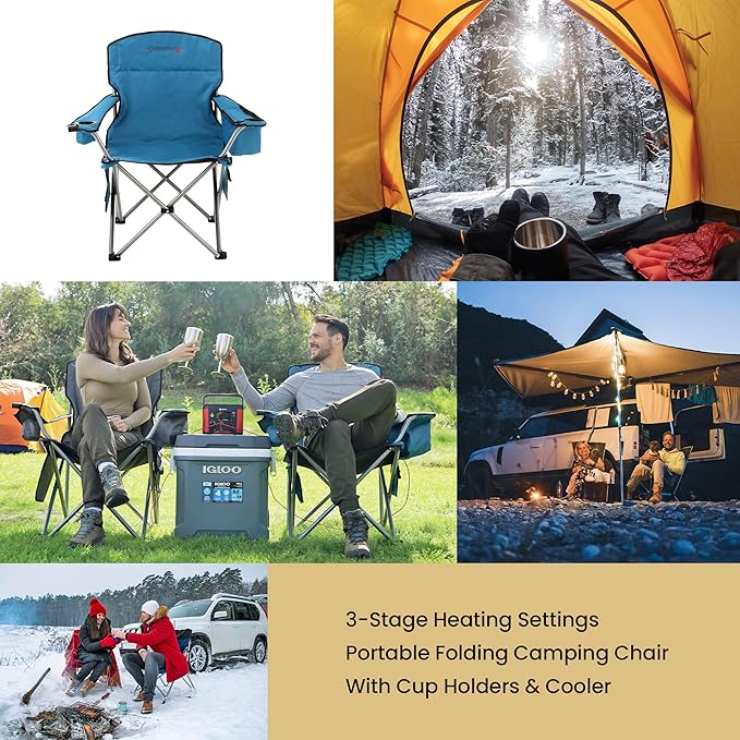 ARROWHEAD OUTDOOR Portable Heated Folding Camping Chair w/ 6-Can Cooler 3 Heat Settings Cup &amp Wine Glass Holder Heavy-Duty Carrying Bag Padded Armrests Battery NOT Included Supports up to 33