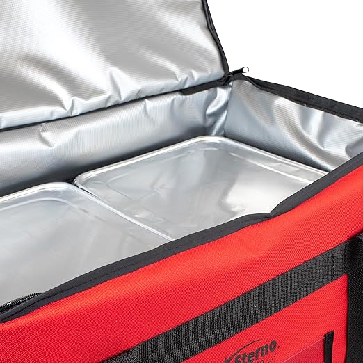 Sterno Delivery Leak Proof Insulated Bag Hot and Cold Container for Catering and Food Transport Durable Red Cloth Exterior with Tear-Resistant Vinyl Liner 15”L x 23”W x 13.5”H