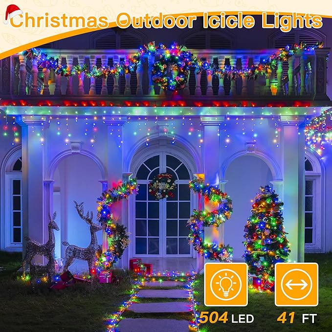 Ollny Icicle Lights for Outside 504LED 41FT Multicolor Christmas Light with Remote 8Modes Timers Waterproof Plug in Connectable Hanging Lights for Outdoor Indoor House Roof Holiday
