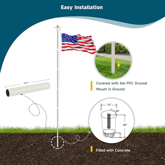 20FT Flag Pole Kit with Solar Light in Ground Heavy Duty Sectional Extra Thick Aluminum Flagpole Kit with 136 Led Flag Light Solar Powered Flag Included