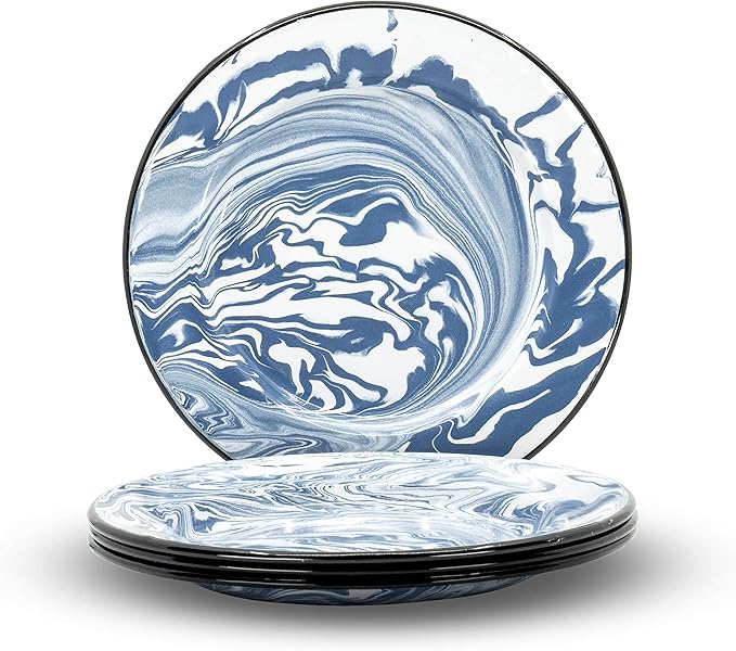 Red Co. Set of 4 Enamelware Metal Classic 10 inch Round Dinner Plate Navy Blue/Black Rim - Swirl Design