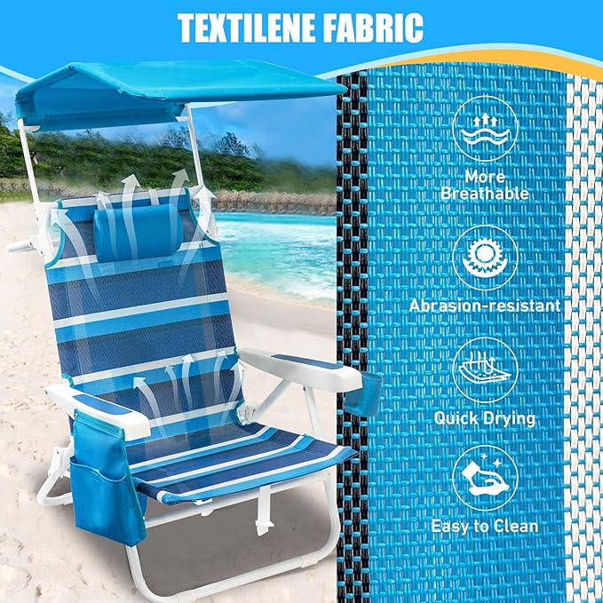 2 Pack Beach Chair with Canopy Shade 5 Positions Textilene Folding Reclining Beach Chair with Backpack Straps Cooler Bag &amp Cup Holder for Outdoor Lawn Camping