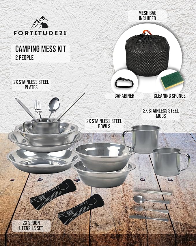 Stainless Steel Camping Mess Kit - Person's Complete Picnic &amp Camp Dish Set Includes Plate Bowl Cup &amp Utensils