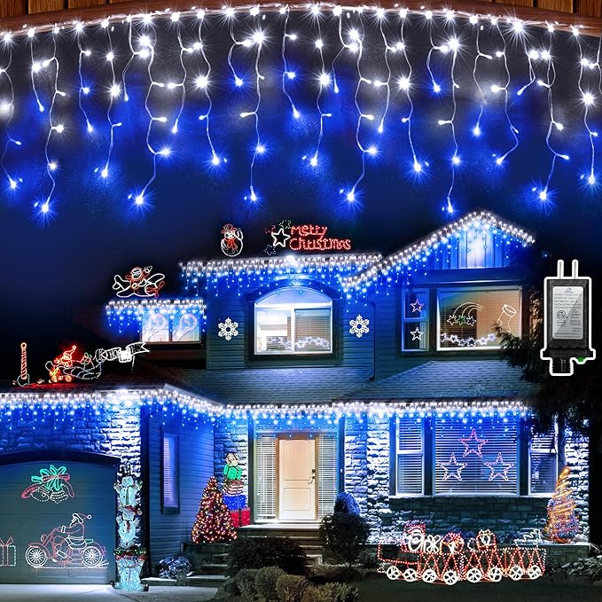 612 LED String lights Indoor Outdoor 60ft Christmas Window Lights with 136 Drops 12 Modes Dimmable Curtain Lights Fairy Lights for Bedroom Holiday Wedding Party Home Decorations Blue &amp White