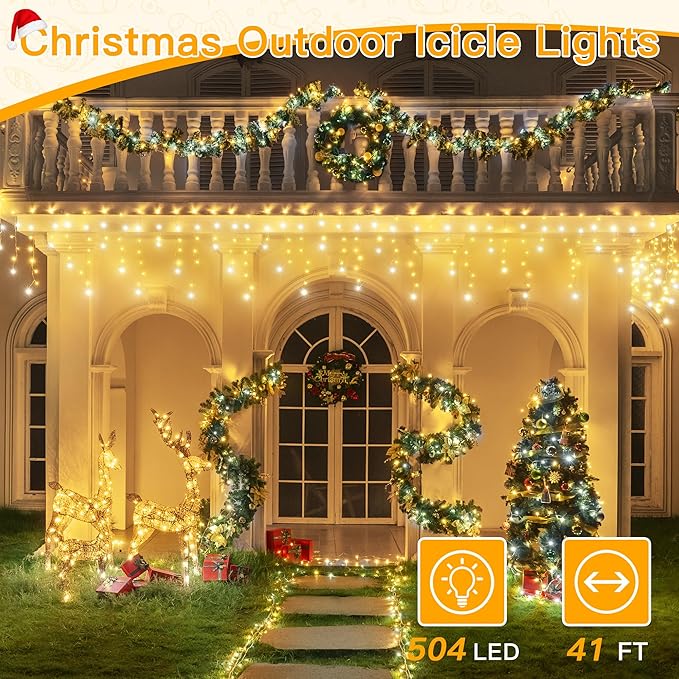 Ollny Icicle Lights for Outside 504LED 41FT Warm and Cool White Christmas Light with Remote 8Modes Timers Waterproof Plug in Connectable Hanging Lights for Outdoor Indoor House Roof Holiday