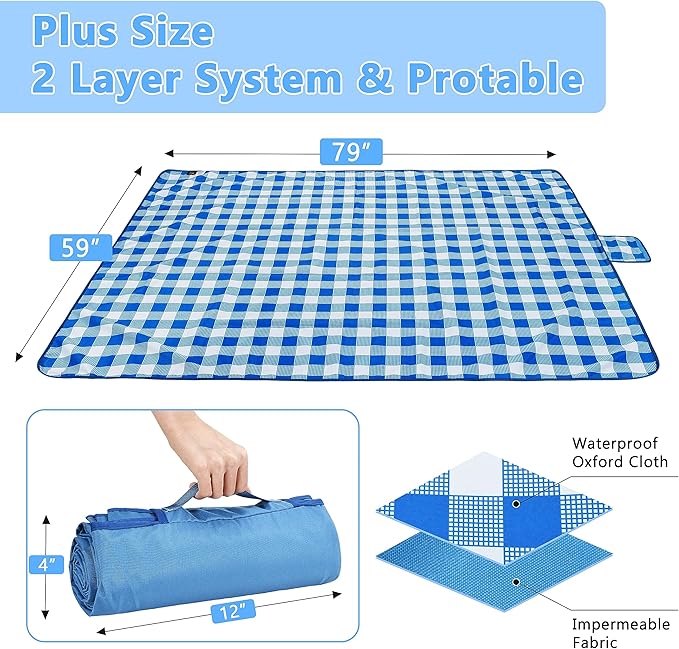 Tirrinia 60x 80 Picnic Waterproof Outdoor Blanket Blue Plaid Table Cloth Covers for Dining Camping Outdoor Foldable Camping Blanket for Travel Family Concerts