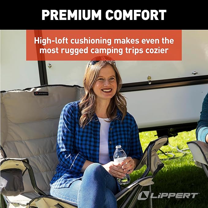 Lippert Campfire Deluxe Folding Chair - Sand High-Loft Foldable Cushion Chair Dual Cup Holders Power Coated Steel Frame Durable 600D Outdoor Polyester Fabric 500 lb. Capacity 2022114819