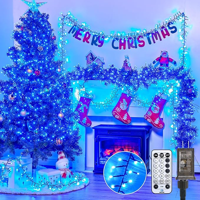 Brightown Christmas Tree Lights Outdoor Cluster Lights - 1000 LED 50 Ft Christmas Firecrackers String Lights 12 Modes Timer Remote Waterproof Plug in Twinkle Fairy Lights for Xmas Tree Garland Blue