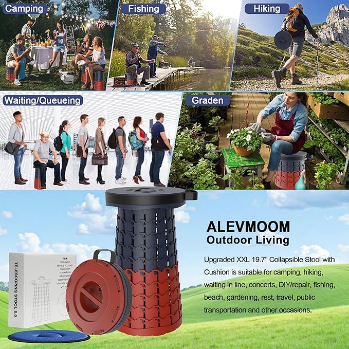 ALEVMOOM Upgraded XXL 19.7 Collapsible Stool with Cushion Heavy Duty Portable Folding Stool Max Load 1000 lbs Retractable Telescoping Foldable Seat Chair for Camping Fishing Travel