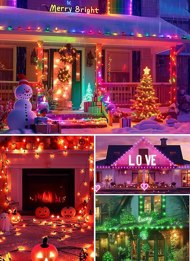 Brightown C9 LED Christmas Lights Outdoor 150LED RGB Smart Christmas Tree Lights Music Sync DIY APP Controlled Waterproof Connectable C9 String Lights for House Indoor Patio Xmas Decoration