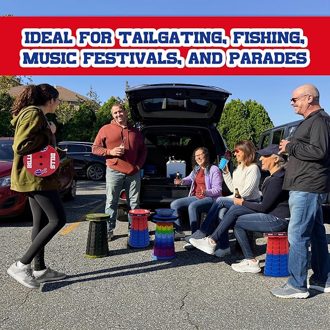 Sporticulture NFL Buffalo Bills Telescoping Collapsible Stool 500lbs Max Weight Portable Adjustable Height Folding Camping Stool with Carry Strap Retractable Stadium Have A Seat Outdoor Sports Fan