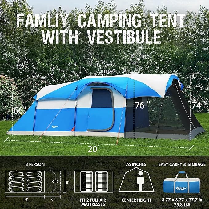 PORTAL 6/8/10 Person Family Camping Tent with Screen Room Water Resistant Big Tunnel Tents with Rainfly Large Family Tent for Camping Outdoor Patio