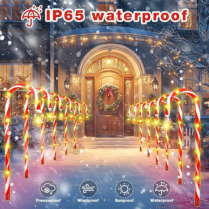 Solar Candy Cane Lights – 12-Piece Set 22 Inch Outdoor Christmas Pathway Lights 8 Lighting Modes with Memory Function Solar-Powered Holiday Decorations for Garden Yard Walkway Party Driveway