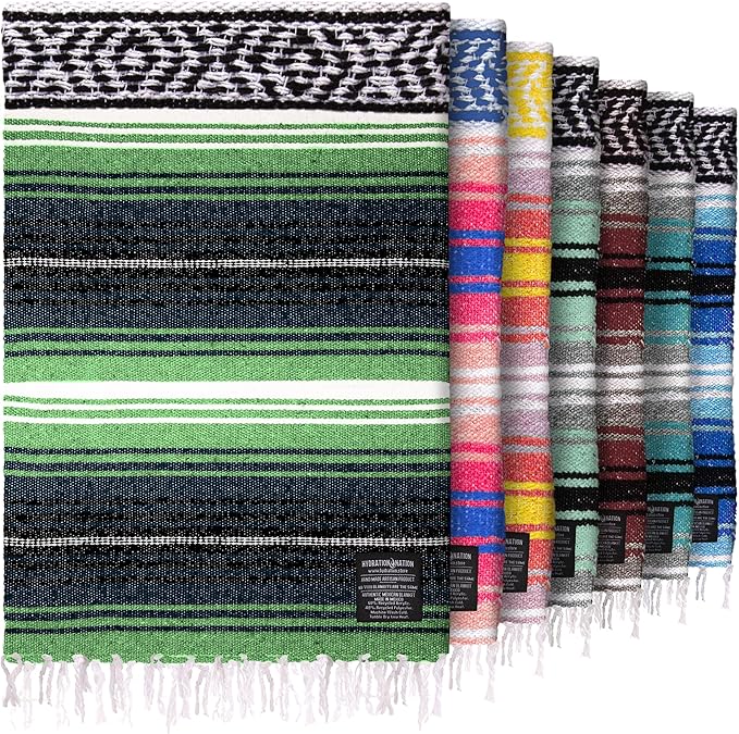 Hydration Nation Authentic Extra Large Mexican Blanket (70x50) - Handwoven Yoga Serape- Artisanal Falsa Beach Camping Picnic Outdoor - Tropical Green
