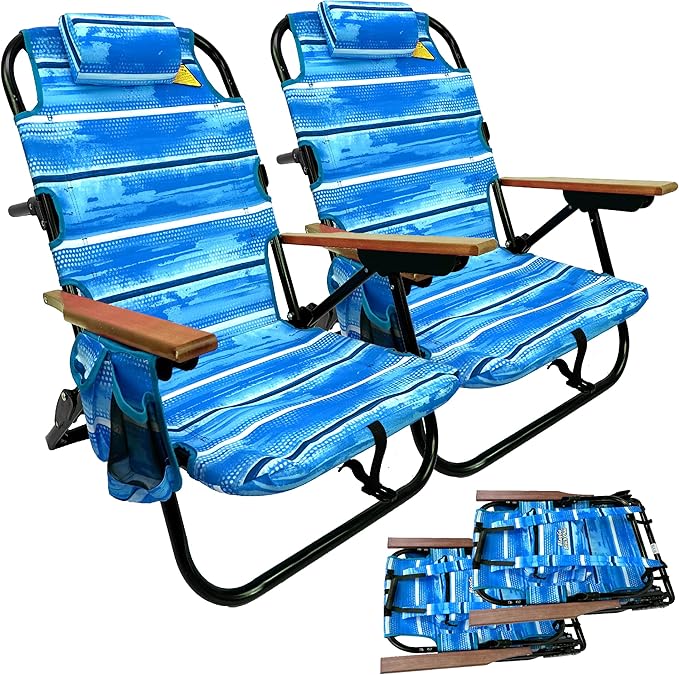 EasyGo Product Backpack Beach Chair 5 Positions and Cup Holder Pouch on Side Padded Pillow Storage Bag on Back Lightweight Rustproof Aluminum Black Frame - 2 Pack Beach Blue