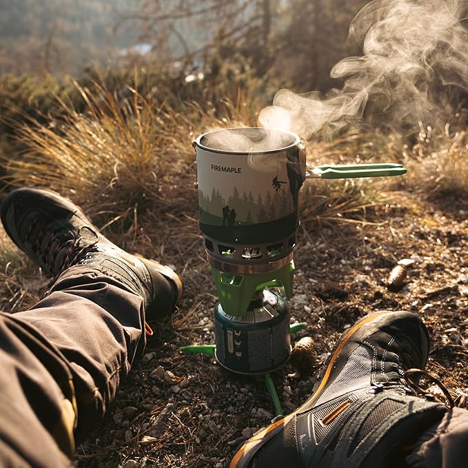 Fire-Maple Fixed Star 3 Personal Cooking System | Pot/Jet Burner Stove System with Electric Ignition | Ideal for Hiking Camping Backpacking Fishing Hunting Trips and Emergency Use Green