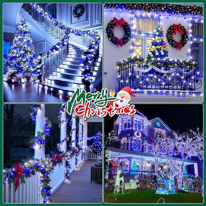 Heceltt Christmas Lights Outdoor 522FT 1300 LED String Lights with 8 Lighting Modes Timer Memory Twinkle Fairy Lights Waterproof Plug in for Xmas Tree Wedding Party Holiday Decor(Blue and White)