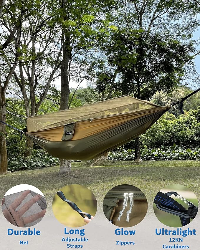 Sunyear Camping Hammock Portable Single &amp Double Hammock with Net 2 Person Hammock Tent with 2 * 10ft Straps Best for Outdoor Hiking Survival Travel