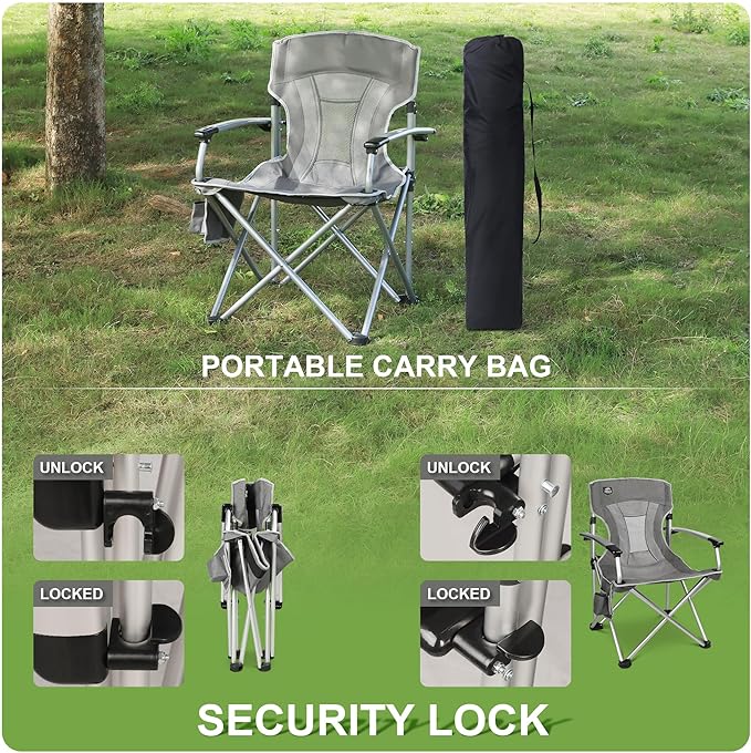 Lightweight Folding Hard Arm Camping ChairMesh BackHeavy DutyPadded Backpack Camp Chair w/Cup HolderCooler Bag for Adults Garden PartiesGrey
