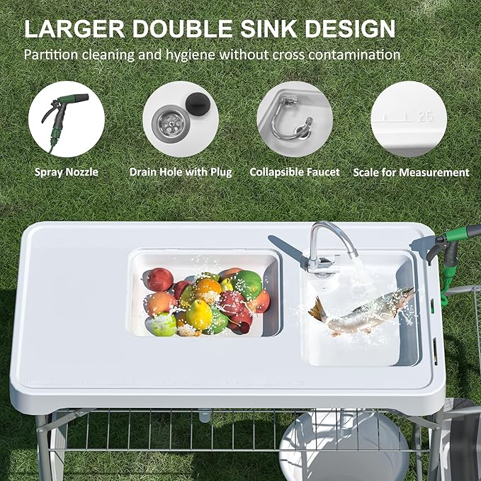 42.5 Fish Cleaning Table with Dual Sink Portable Folding Camping Table with Foldable Extension Stand Faucet Sprayer Grid Rack Hose Hook Up &amp Knife Groove Outdoor Sink Station for Picnic