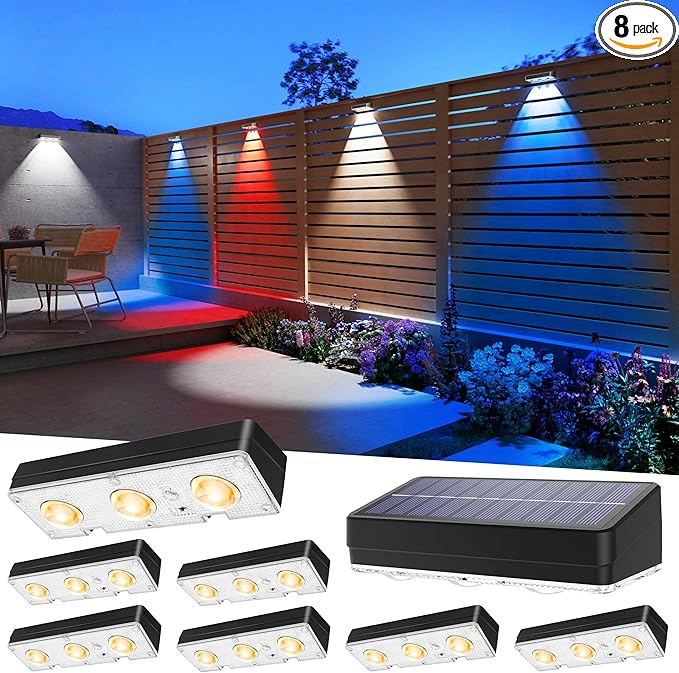 Solar Fence Lights Outdoor Waterproof Led 8Pack1300mAh 6 Inch Solar Lights for Fence with Warm White &amp RGB 8 Colors Outdoor Solar Lights for Patio Backyard Deck Fence Railing (Black)