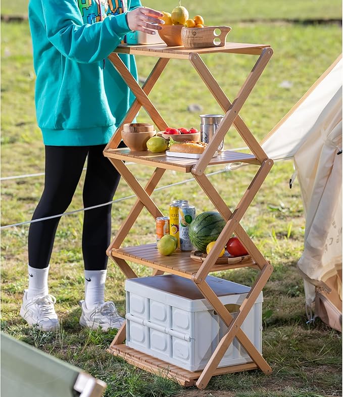 4-Tier Shelf - Transforms into a Camping Table Portable Beechwood Storage Rack for Indoor Outdoor Camping &amp Multi-Purpose Use