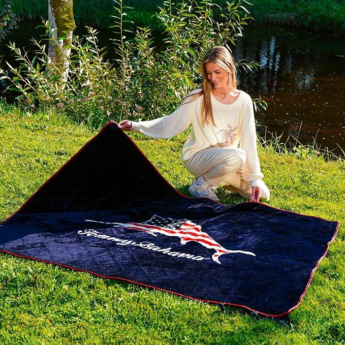 Tommy Bahama Outdoor Waterproof Picnic Blanket with Patriotic USA Design - Lightweight Portable with Carry Strap - Perfect for The Beach Park Camping Concerts and More 50 x 70