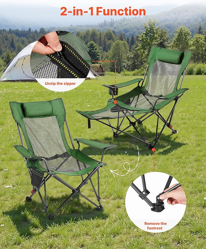 VEVOR Reclining Camping Chair 4 Adjustable Positions Portable Folding Lounger for Adults Mesh Beach Chair with Headrest &amp Foot Rest Supports 220 lbs Heavy Duty Camp Chairs for Patio Green