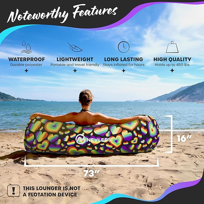 Nevlers Rainbow Heart Inflatable Lounger Air Sofa | 210T Polyester Inflatable Couch | No-Pump Air Couch | Inflatable Sofa w/ 450lbs. Cap. Pockets &amp Matching Bag | Use as Camp Chairs for Adults &a