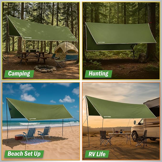 Camping Tarp with Poles - 15x12 Tarp for Camping or Hammock Rain Fly for Hiking Backpacking or Portable Survival Shelter UV Protection and 3000mm Water Resistant by Wakeman Outdoors (Green)
