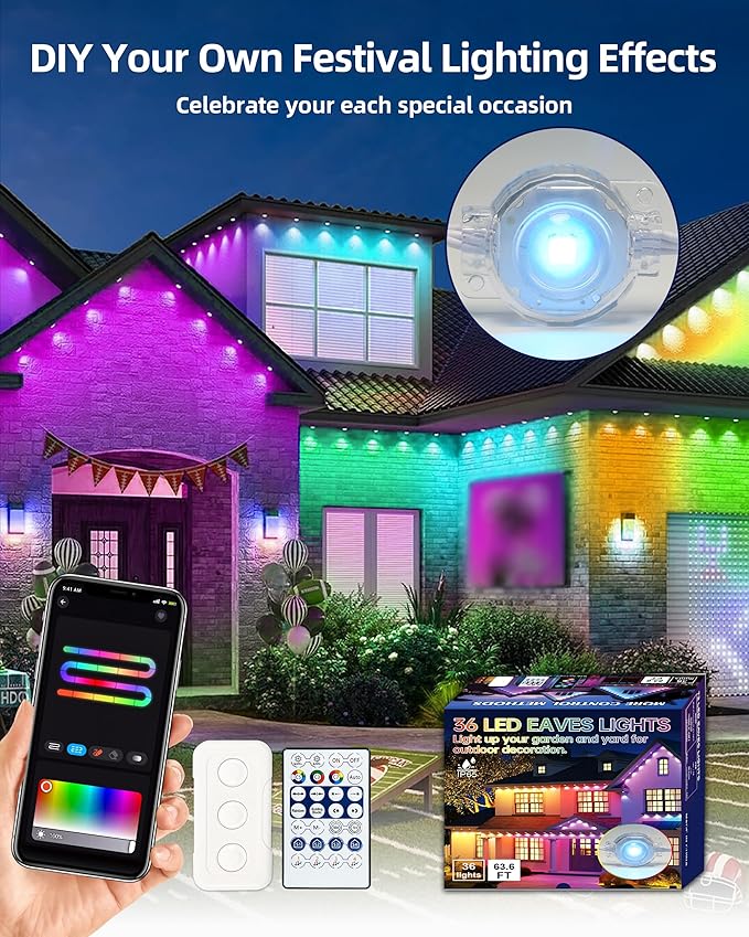 Permanent Outdoor Lights 63.6ft with 36 RGBIC LED Light with App Control Waterproof Permanent Christmas Lights for Outside Roofline Decor Garden Decor HouseParty Holiday Xmas Decoration