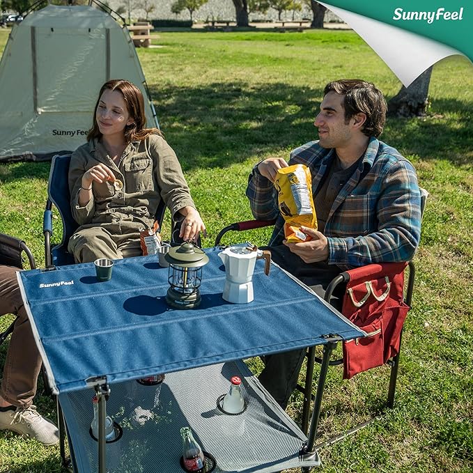 SUNNYFEEL Folding Camping Table- Collapsible Portable Beach Table with 4 Cup Holders &amp Carry Bags Tailgate Table for Outdoor Excursion Picnic Hiking Fishing Travel Parties Blue