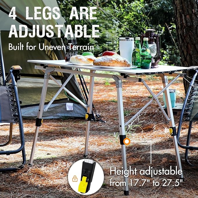 PORTAL Outdoor Folding Portable Picnic Camping Table with Adjustable Height Aluminum Roll Up Table Top Mesh Layer Silver