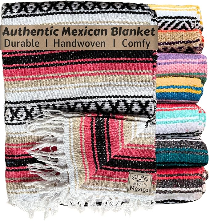 Del Mex Classic Mexican Blanket Large Authentic Woven Falsa Throw (70x50) Artisan Southwest Décor for Beach Yoga Outdoors (Pink/Tan)