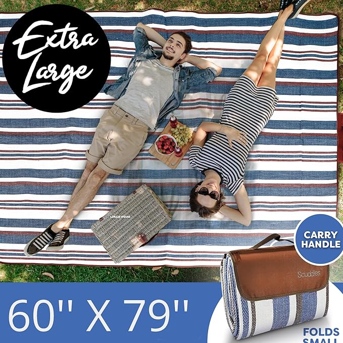 scuddles 60 x 80 Extra Large Outdoor Picnic Blanket – Waterproof Foldable Travel Mat for Beach Camping Grass Lawn Park – Dual Layer Sand-Free Soft Throw Rug Fits 4 Adults Summer Accessories