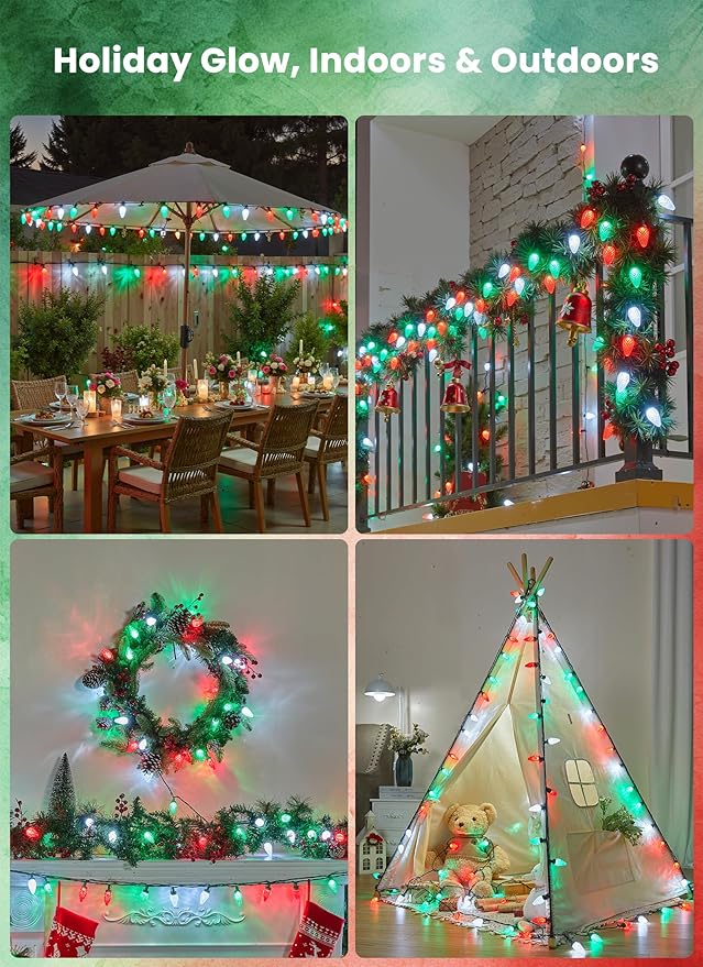 C9 LED Christmas Lights Outdoor 81 Feet 100 LED String Lights with Timer &amp 8 Light Mode Waterproof Connectable Christmas Tree Lights for Outside Indoor Roofline Patio Decor Red Green &amp Pur